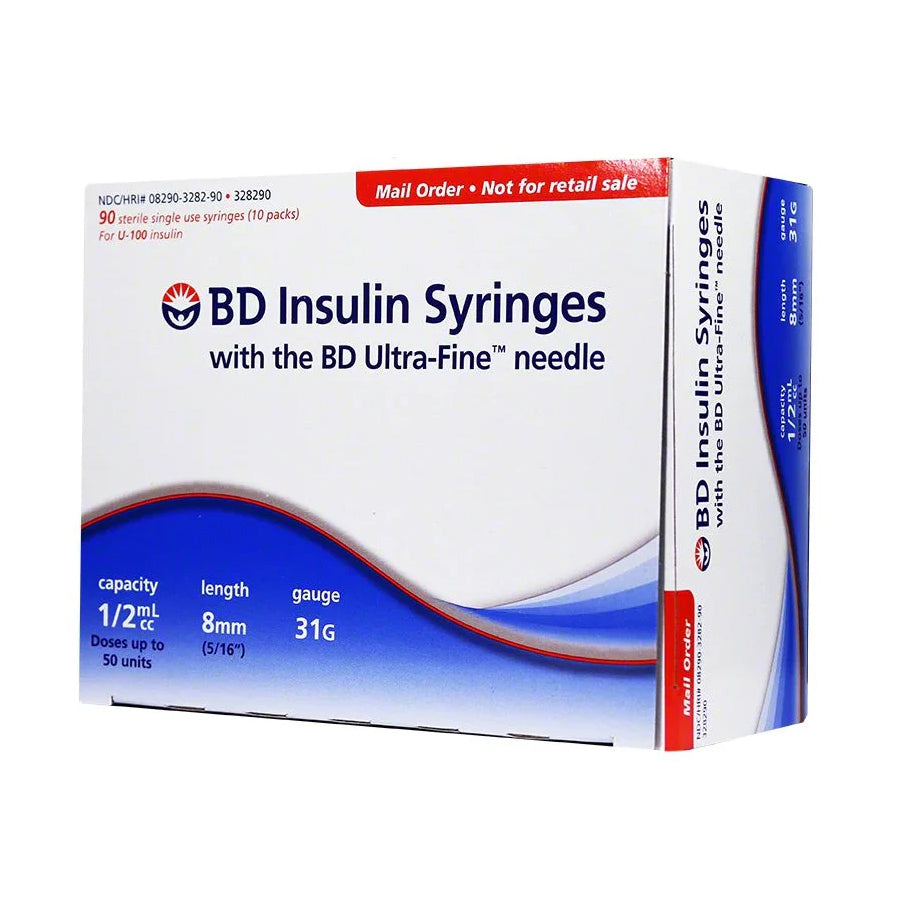 BD Ultra-Fine Short Needle Insulin Syringes - 31G 1/2cc 5/16" 90ct